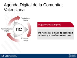 Agenda Digital de la Comunitat 
Valenciana 
Objetivos estratégicos 
O3. Aumentar el nivel de seguridad 
de la red y la confianza en el uso 
 