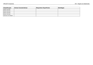 PROJETO Gasobrás ISH - Registro de Stakeholder
Classificação Outras Caracteristicas Requisitos Superficiais Estrátegia
Manter informado
Manter informado
Manter informado
Manter informado
Gerenciar com atenção
 