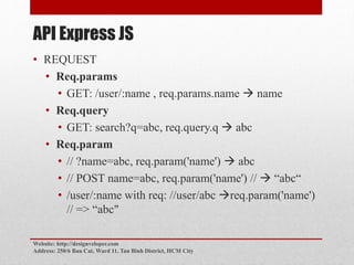 API Express JS
• REQUEST
• Req.params
• GET: /user/:name , req.params.name  name
• Req.query
• GET: search?q=abc, req.query.q  abc
• Req.param
• // ?name=abc, req.param('name')  abc
• // POST name=abc, req.param('name') //  “abc“
• /user/:name with req: //user/abc req.param('name')
// => “abc"
Website: http://designveloper.com
Address: 250/6 Bau Cat, Ward 11, Tan Binh District, HCM City
 
