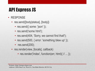 API Express JS
• RESPONSE
• res.send([body|status], [body])
• res.send({ some: 'json' });
• res.send('some html');
• res.send(404, 'Sorry, we cannot find that!');
• res.send(500, { error: 'something blew up' });
• res.send(200);
• res.render(view, [locals], callback)
• res.render('index', function(err, html){ // ... });
Website: http://designveloper.com
Address: 250/6 Bau Cat, Ward 11, Tan Binh District, HCM City
 