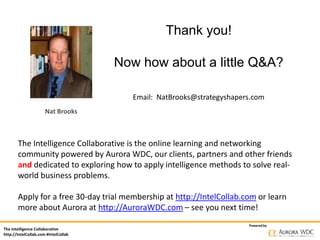 The Intelligence Collaborative
http://IntelCollab.com #IntelCollab
Poweredby
Thank you!
Now how about a little Q&A?
Email:...