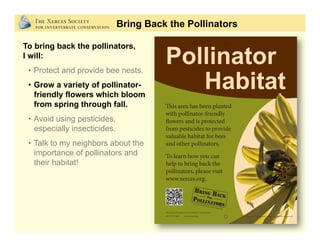 Bring Back the Pollinators
To bring back the pollinators,
I will:
•  Protect and provide bee nests.
•  Grow a variety of pollinator-
friendly flowers which bloom
from spring through fall.
•  Avoid using pesticides,
especially insecticides.
•  Talk to my neighbors about the
importance of pollinators and
their habitat!
 