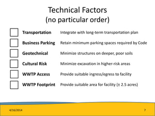 Technical Factors
(no particular order)
Transportation Integrate with long-term transportation plan
Business Parking Retain minimum parking spaces required by Code
Geotechnical Minimize structures on deeper, poor soils
Cultural Risk Minimize excavation in higher-risk areas
WWTP Access Provide suitable ingress/egress to facility
WWTP Footprint Provide suitable area for facility (± 2.5 acres)
4/16/2014 7
 