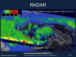 RADAR
3 Dimensional Radar(TRMM PR)
[Hurricane Sandy, Oct. 28, 2012 at 1725 UTC (1:25 PM EDT)]http://trmm.gsfc.nasa.gov/ 8/45
 