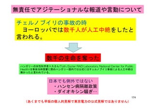 無責任でアジテーショナルな報道や言動について
チェルノブイリの事故の時
ヨーロッパでは数千人が人工中絶をしたとヨーロッパでは数千人が人工中絶をしたと
言われる。
数千の生命を奪った
ハンガリーの女性科学者トスさん(Toth, Eszter RAD Laboratory, National Center for Public
日本でも例外ではない
ハンガリーの女性科学者トスさん(Toth, Eszter RAD Laboratory, National Center for Public
Health)は事故当時啓蒙に努めハンガリー国内では公式にはチェルノブイリ事故による人工中絶は
無かったと言われている。
日本でも例外ではない
・ハンセン病隔離政策
・ダイオキシン騒ぎ…
174
（あくまでも早坂の個人的見解で東京電力の公式見解ではありません）（あくまでも早坂の個人的見解で東京電力の公式見解ではありません）（あくまでも早坂の個人的見解で東京電力の公式見解ではありません）（あくまでも早坂の個人的見解で東京電力の公式見解ではありません）
・ダイオキシン騒ぎ…
 