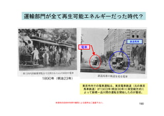運輸部門が全て再生可能エネルギーだった時代？運輸部門が全て再生可能エネルギーだった時代？
鉄道馬車
電車
1890年（明治23年）
東京市内での電車運転は、東京電車鉄道（元の東京
馬車鉄道）が1903年(明治36年)に架空線方式に
よって新橋－品川間の運転を開始したのが最初。
190本資料の目的外利用や複写による配布はご遠慮下さい。
 