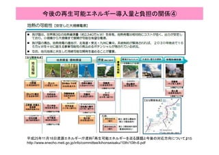 今後の再生可能エネルギー導入量と負担の関係④
215平成25年11月18日資源エネルギー庁資料「再生可能エネルギーを巡る課題と今後の対応方向について」
http://www.enecho.meti.go.jp/info/committee/kihonseisaku/10th/10th-6.pdf
 