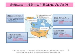 北米において検討中の主要なLNGプロジェクト
88出典：平成２４年度 エネルギーに関する年次報告（エネルギー白書 2013）
http://www.enecho.meti.go.jp/topics/hakusho/2013/index.htm
 
