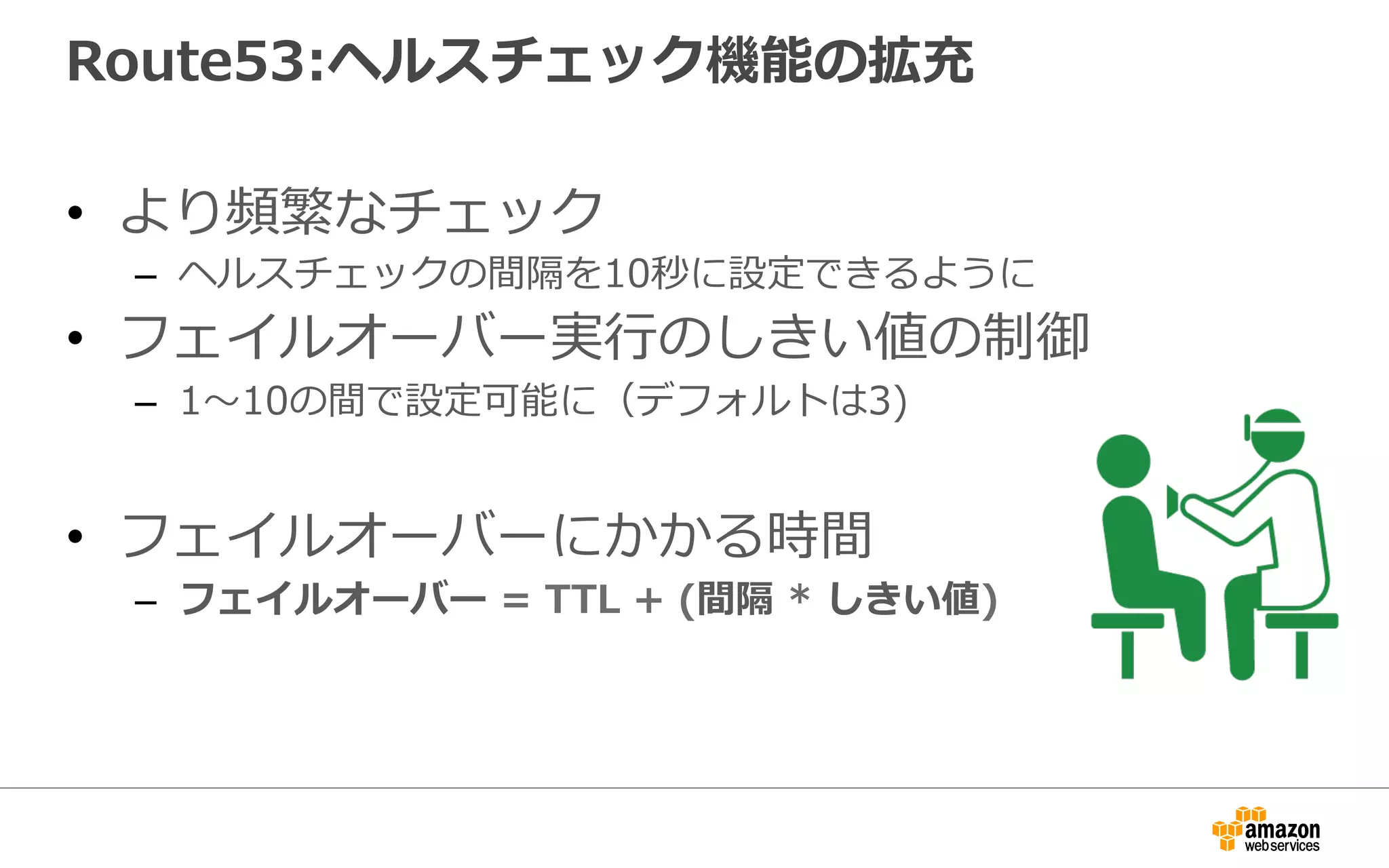 Route53:ヘルスチェック機能の拡充
•  より頻繁なチェック
–  ヘルスチェックの間隔を10秒に設定できるように
•  フェイルオーバー実⾏行行のしきい値の制御
–  1〜～10の間で設定可能に（デフォルトは3)
•  フェイルオーバーにかかる時間
–  フェイルオーバー  =  TTL  +  (間隔  *  しきい値)
 