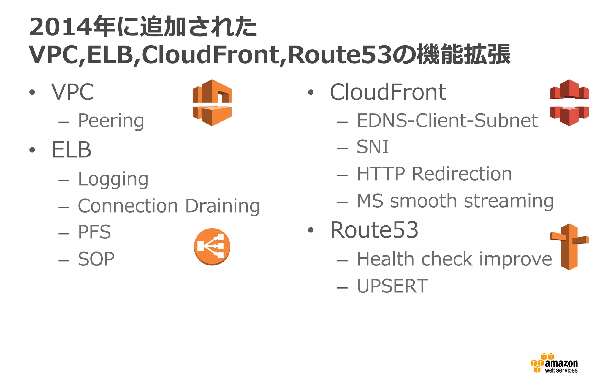 2014年年に追加された
VPC,ELB,CloudFront,Route53の機能拡張
•  VPC
–  Peering
•  ELB
–  Logging
–  Connection  Draining
–  PFS
–  SOP
•  CloudFront
–  EDNS-‐‑‒Client-‐‑‒Subnet
–  SNI
–  HTTP  Redirection
–  MS  smooth  streaming
•  Route53
–  Health  check  improve
–  UPSERT
 