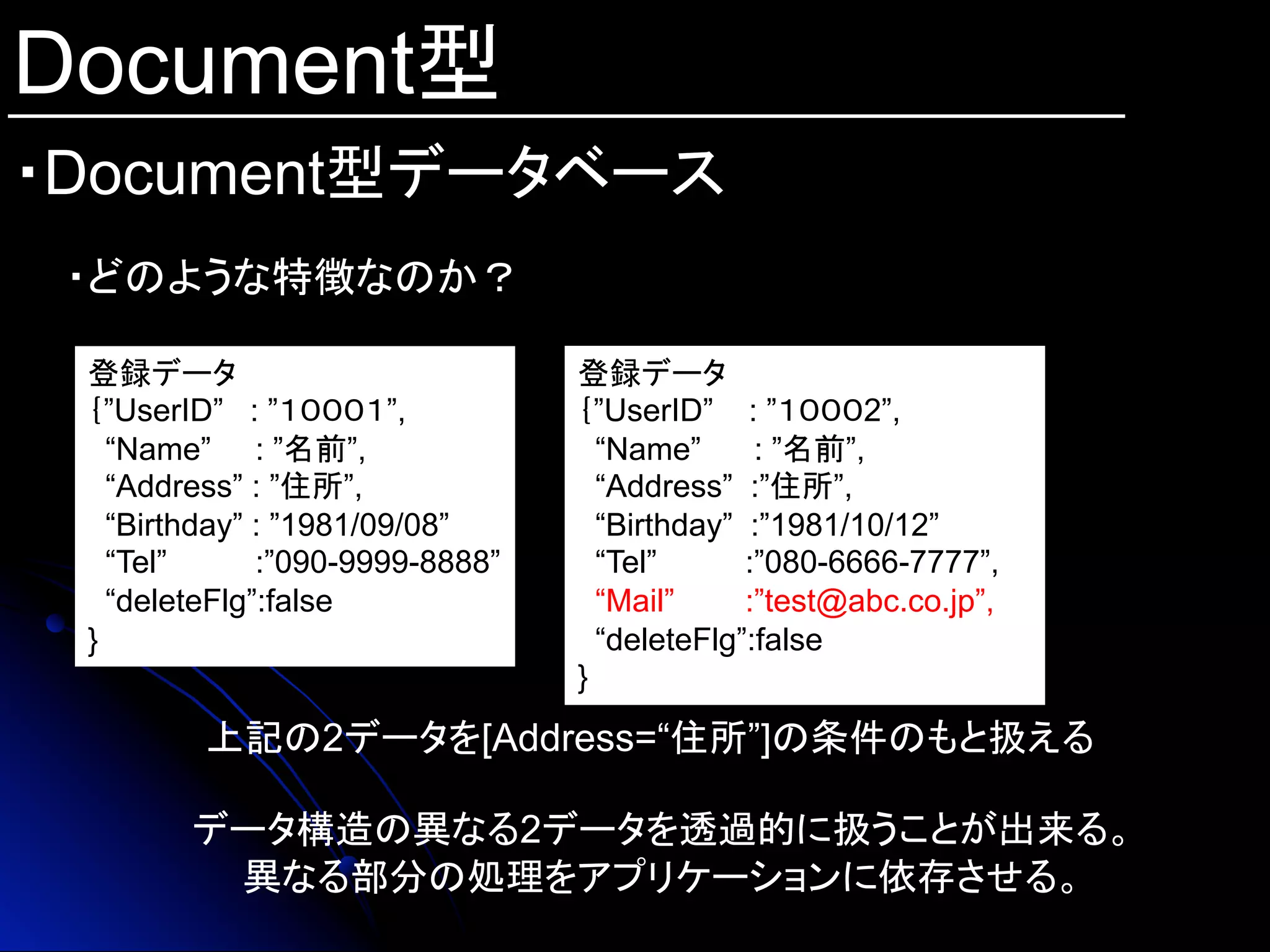 Document型
・Document型データベース	
・どのような特徴なのか？
登録データ
｛”UserID” : ”１０００１”,
“Name” : ”名前”,
“Address” : ”住所”,
“Birthday” : ”1981/09/08”
“Tel” :”090-9999-8888”
“deleteFlg”:false
}
登録データ
｛”UserID” : ”１０００2”,
“Name” : ”名前”,
“Address” :”住所”,
“Birthday” :”1981/10/12”
“Tel” :”080-6666-7777”,
“Mail” :”test@abc.co.jp”,
“deleteFlg”:false
}
上記の2データを[Address=“住所”]の条件のもと扱える
データ構造の異なる2データを透過的に扱うことが出来る。
異なる部分の処理をアプリケーションに依存させる。	
 