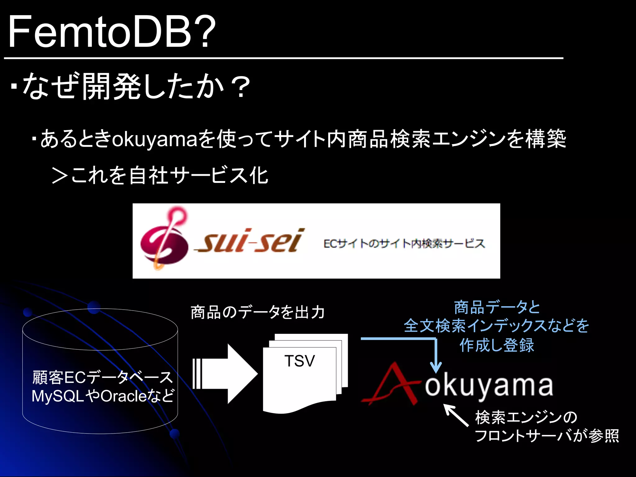 FemtoDB?
・なぜ開発したか？	
・あるときokuyamaを使ってサイト内商品検索エンジンを構築
　 ＞これを自社サービス化
顧客ECデータベース
MySQLやOracleなど
TSV
	
商品のデータを出力 商品データと
全文検索インデックスなどを
作成し登録
検索エンジンの
フロントサーバが参照
 