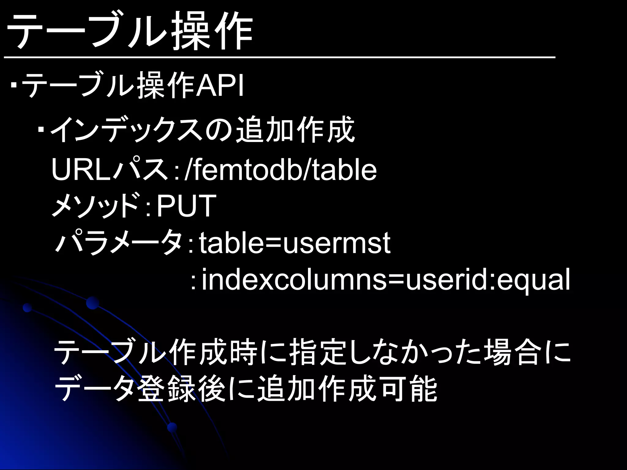 テーブル操作
・テーブル操作API
・インデックスの追加作成
URLパス：/femtodb/table
メソッド：PUT
　パラメータ：table=usermst
：indexcolumns=userid:equal
　テーブル作成時に指定しなかった場合に
　データ登録後に追加作成可能
 