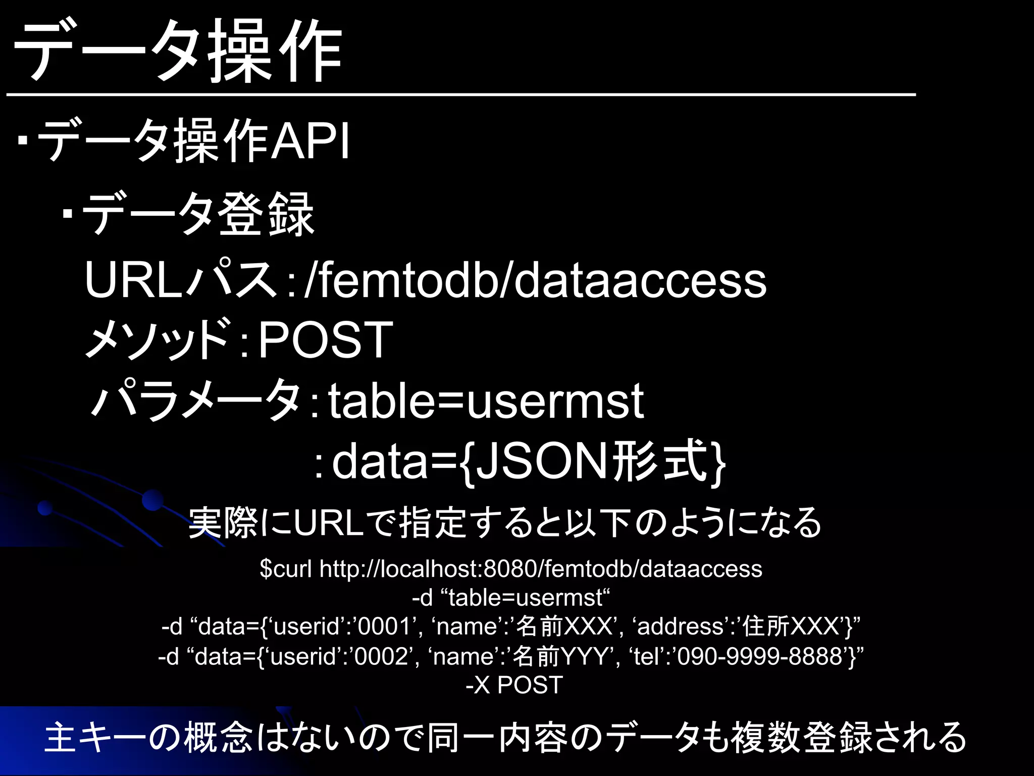 データ操作
・データ操作API
・データ登録
URLパス：/femtodb/dataaccess
メソッド：POST
　パラメータ：table=usermst
：data={JSON形式}
実際にURLで指定すると以下のようになる	
$curl http://localhost:8080/femtodb/dataaccess
-d “table=usermst“
-d “data={‘userid’:’0001’, ‘name’:’名前XXX’, ‘address’:’住所XXX’}”
-d “data={‘userid’:’0002’, ‘name’:’名前YYY’, ‘tel’:’090-9999-8888’}”
-X POST	
主キーの概念はないので同一内容のデータも複数登録される	
 