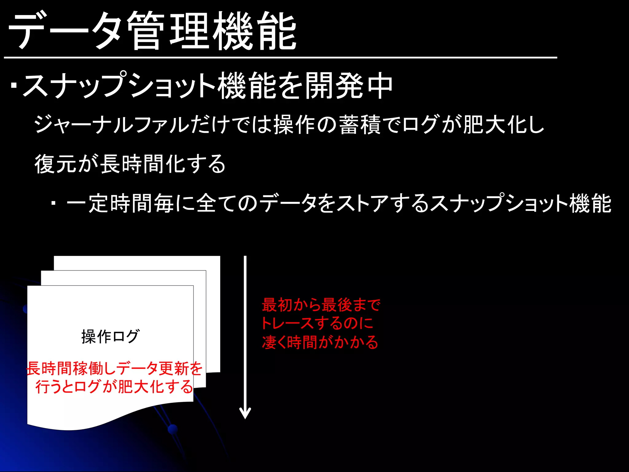 データ管理機能
・スナップショット機能を開発中
ジャーナルファルだけでは操作の蓄積でログが肥大化し
復元が長時間化する
　・ 一定時間毎に全てのデータをストアするスナップショット機能
操作ログ
長時間稼働しデータ更新を
行うとログが肥大化する	
最初から最後まで
トレースするのに
凄く時間がかかる	
 
