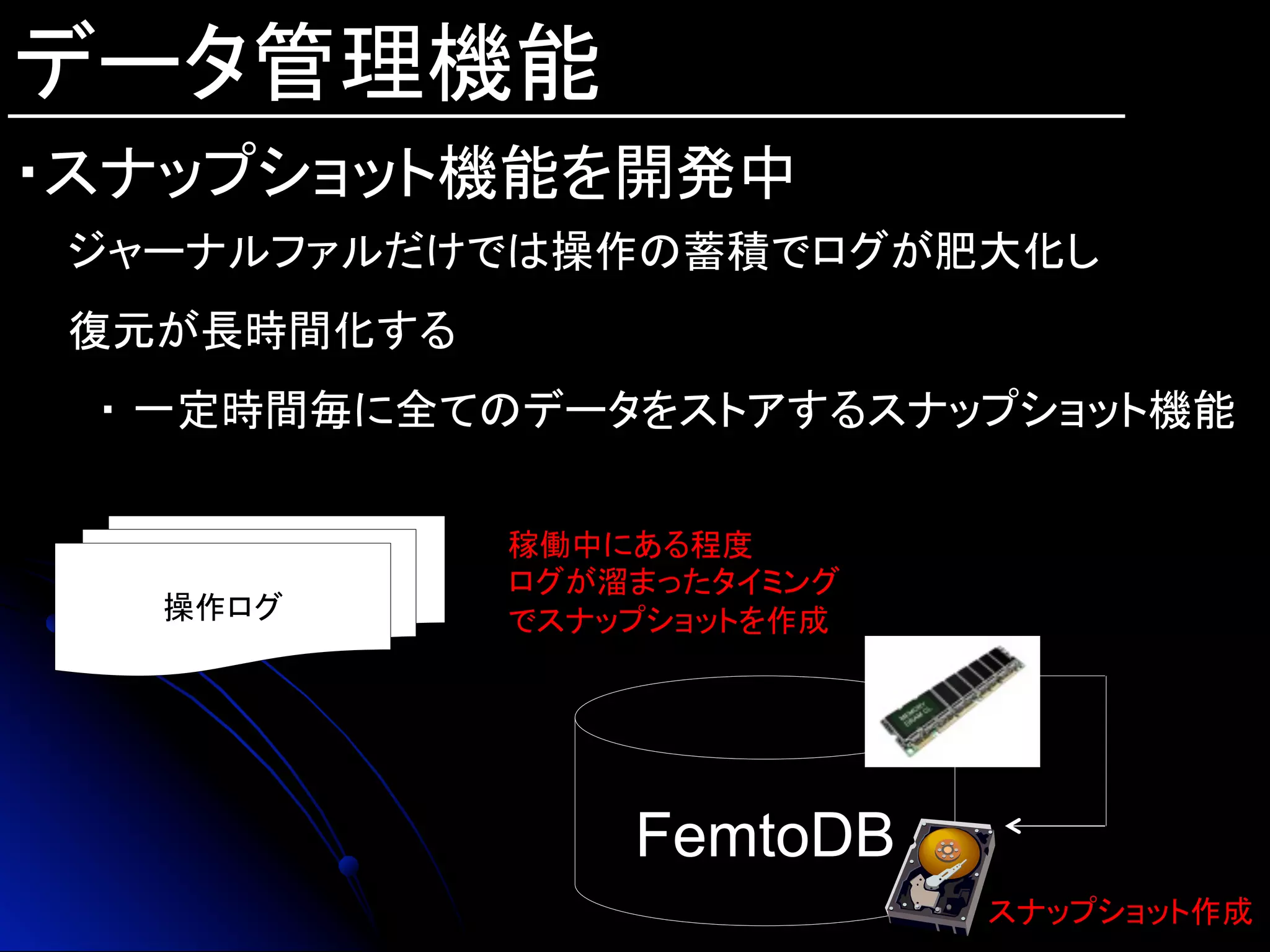 データ管理機能
・スナップショット機能を開発中
ジャーナルファルだけでは操作の蓄積でログが肥大化し
復元が長時間化する
　・ 一定時間毎に全てのデータをストアするスナップショット機能
操作ログ
稼働中にある程度
ログが溜まったタイミング
でスナップショットを作成	
FemtoDB	
スナップショット作成	
 