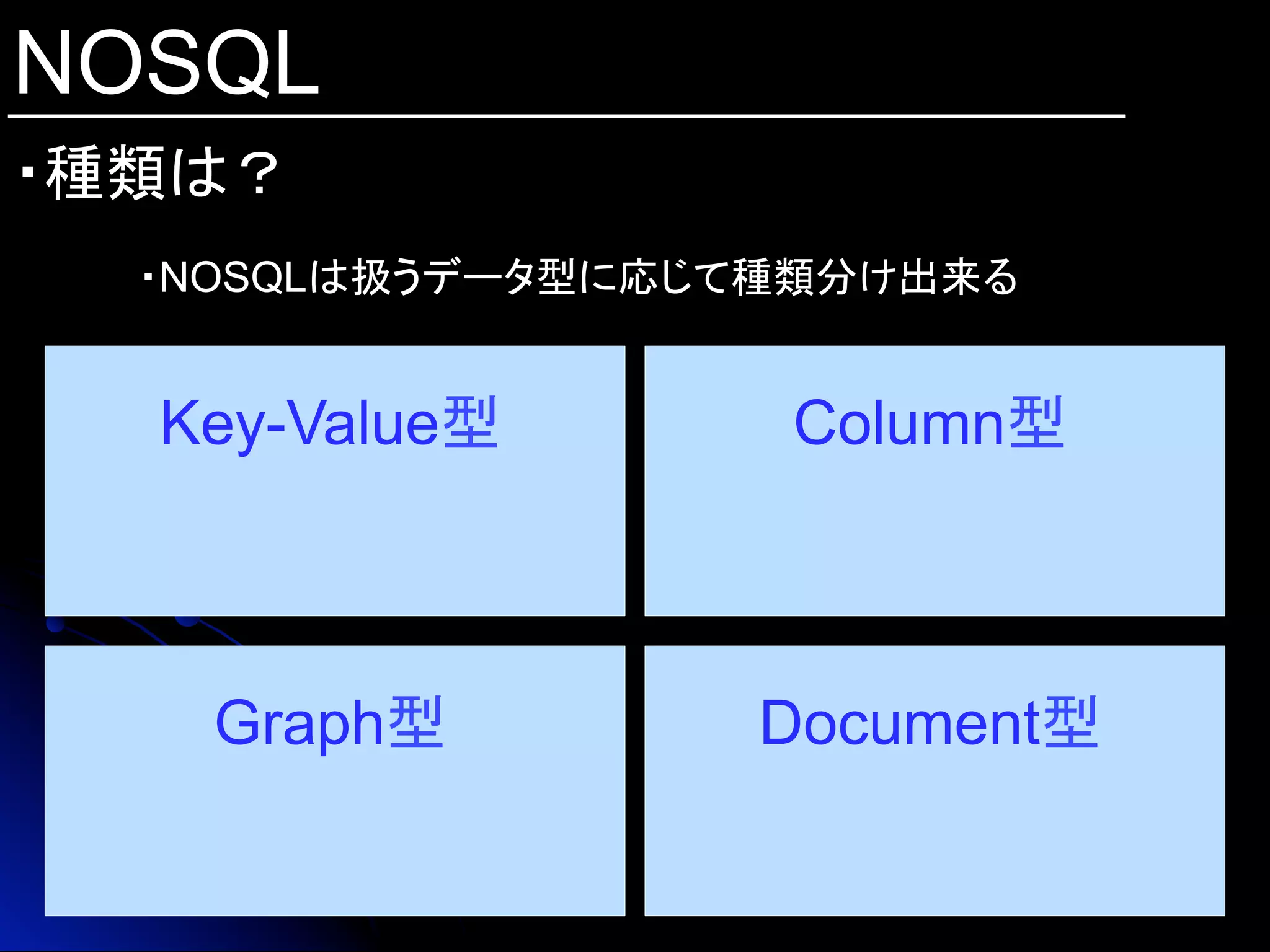 NOSQL
・種類は？	
Key-Value型	
 Column型	
Document型	
Graph型	
・NOSQLは扱うデータ型に応じて種類分け出来る
 
