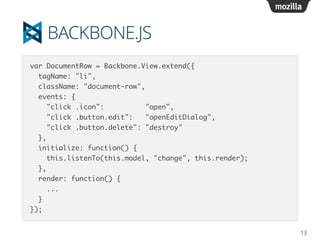 var DocumentRow = Backbone.View.extend({	
tagName: "li",	
className: "document-row",	
events: {	
"click .icon": "open",	
"click .button.edit": "openEditDialog",	
"click .button.delete": "destroy"	
},	
initialize: function() {	
this.listenTo(this.model, "change", this.render);	
},	
render: function() {	
...	
}	
});
13
 