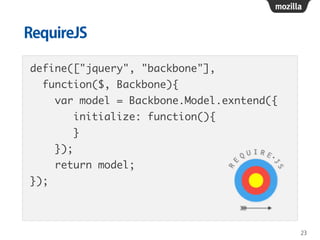 RequireJS
define(["jquery", "backbone"], 	
function($, Backbone){	
var model = Backbone.Model.exntend({	
initialize: function(){	
}	
});	
return model;	
});
23
 