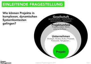 EINLEITENDE FRAGESTELLUNG
Integriertes Projektmanagement 2014 Folie 6
Wie können Projekte in
komplexen, dynamischen
Systemkontexten
gelingen?
Projekt
Unternehmen
Projektumfeld
Gesellschaft
Projektkunde(n), Markt,
externe Einflüsse ...
Strategie, Struktur, Kultur, Prozesse,
Potenziale, Fähigkeiten...
gesellschaftlich – wirtschaftlich –
technologisch – ökologisch
 