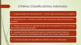 Critérios Classificatórios Adotados
1 – Capacidade de atendimento – Horas disponíveis para o projeto;
2 – Infraestrutura – Numero mínimo de maquinas disponíveis para o
projeto;
3 – Desenvolvimento e apresentação de cronograma com avanços
de cada etapa do projeto;
4 – Apresentação de garantia para cumprimento de todos os
marcos contratuais estabelecidos dentro do prazo estipulado;
5 – Comprovação de experiência de 05 anos no mercado;
 