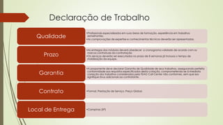 •Profissionais especializados em suas áreas de formação, experiência em trabalhos
semelhantes.
•As comprovações de expertise e conhecimentos técnicos deverão ser apresentadas.
Qualidade
•As entregas dos módulos deverá obedecer o cronograma validado de acordo com os
marcos contratuais da contratação
•Os serviços deverão ser executados no prazo de 8 semanas já inclusos o tempo de
mobilização da equipe.
Prazo
•A proponente deve declarar Garantia de Qualidade de seus trabalhos, assegurando perfeita
conformidade aos requisitos especificados desta cotação, comprometendo-se à imediata
correção dos trabalhos considerados pela TEAG Call Center não conformes, sem que isso
signifique ônus adicionais ao contratante.
Garantia
•Formal, Prestação de Serviço, Preço Global.Contrato
•Campinas (SP)Local de Entrega
Declaração de Trabalho
 