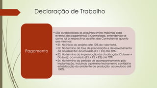 Declaração de Trabalho
• São estabelecidos os seguintes limites máximos para
eventos de pagamentos à Contratada, entendendo-se
como tal os respectivos aceites das Contratantes quanto
aos mesmos:
• E1: No início do projeto: até 10% do valor total.
• E2: No término da fase de preparação e desenvolvimento
da atualização: acumulado (E1 + E2) até 30%.
• E3: No término da implantação da atualização (Cutover +
Go Live): acumulado (E1 + E2 + E3) até 70%.
• E4: No término do período de acompanhamento pós-
implantação, incluindo o primeiro fechamento contábil e
estabilização do ambiente de produção: acumulado até
100%.
Pagamento
 