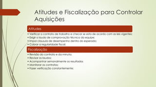 Atitudes e Fiscalização para Controlar
Aquisições
Atitudes
• Verificar o contrato de trabalho e checar se esta de acordo com as leis vigentes;
• Exigir o laudo de comprovação técnica da equipe;
• Impor clausula de desempenho dentro do esperado;
• Cobrar a regularidade fiscal;
Fiscalização
• Revisão do contrato e da minuta;
• Revisar os laudos;
• Acompanhar semanalmente os resultados
• Monitorar os contratos;
• Fazer verificação constantemente;
 