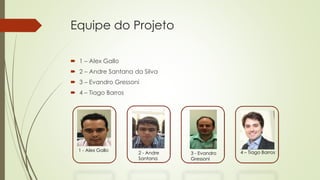 Equipe do Projeto
 1 – Alex Gallo
 2 – Andre Santana da Silva
 3 – Evandro Gressoni
 4 – Tiago Barros
1 - Alex Gallo
2 - Andre
Santana
3 - Evandro
Gressoni
4 – Tiago Barros
 