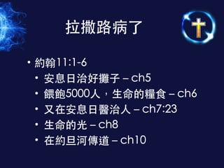 • 約翰11:1-6
• 安息⽇日治好攤⼦子－ch5
• 餵飽5000⼈人，⽣生命的糧⻝⾷食－ch6
• ⼜又在安息⽇日醫治⼈人－ch7:23
• ⽣生命的光－ch8
• 在約旦河傳道－ch10
拉撒路病了
 