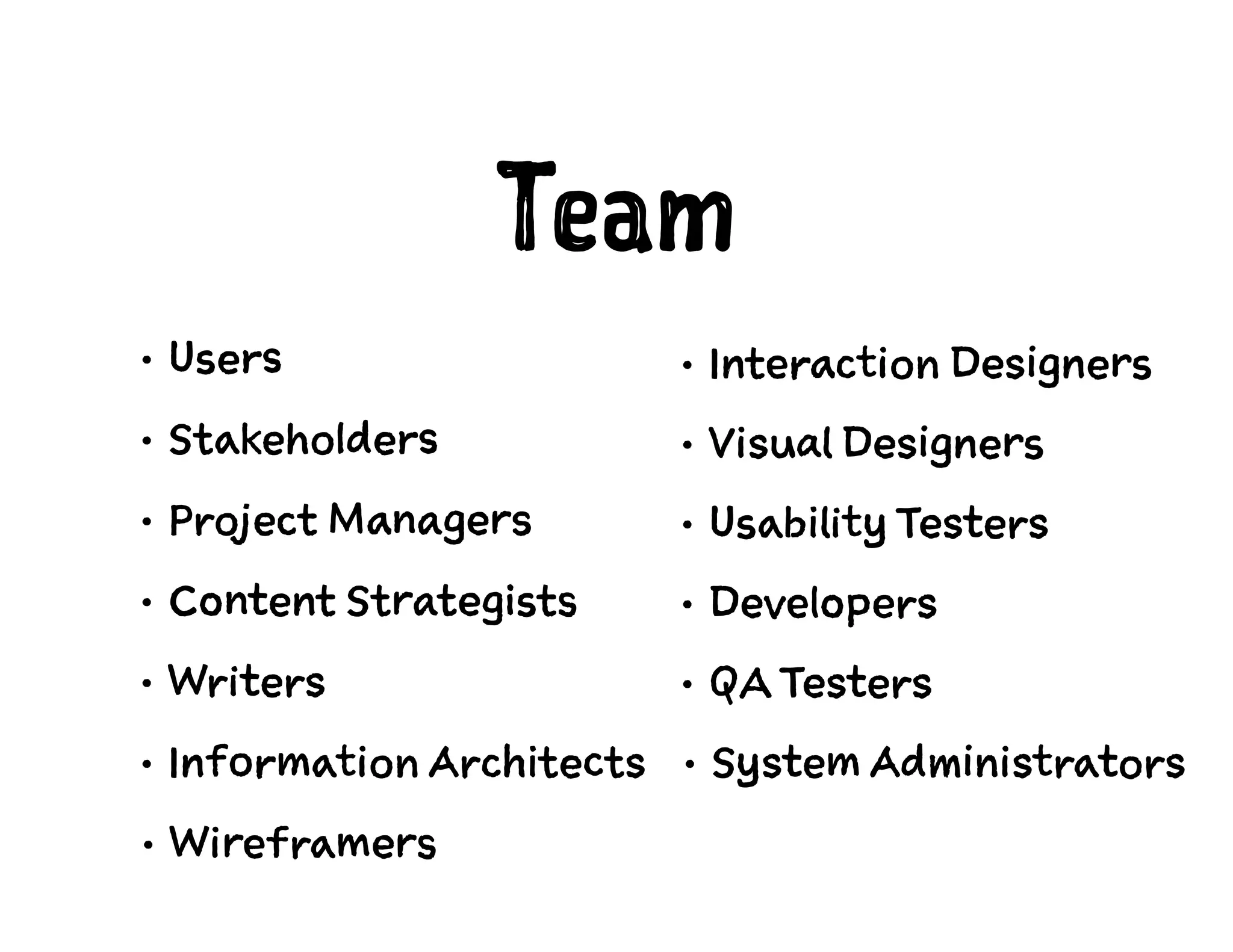 Team
• Users
• Stakeholders
• Project Managers
• Content Strategists
• Writers
• Information Architects
• Interaction Designers
• Visual Designers
• Usability Testers
• Developers
• QA Testers
• System Administrators
• Wireframers
 