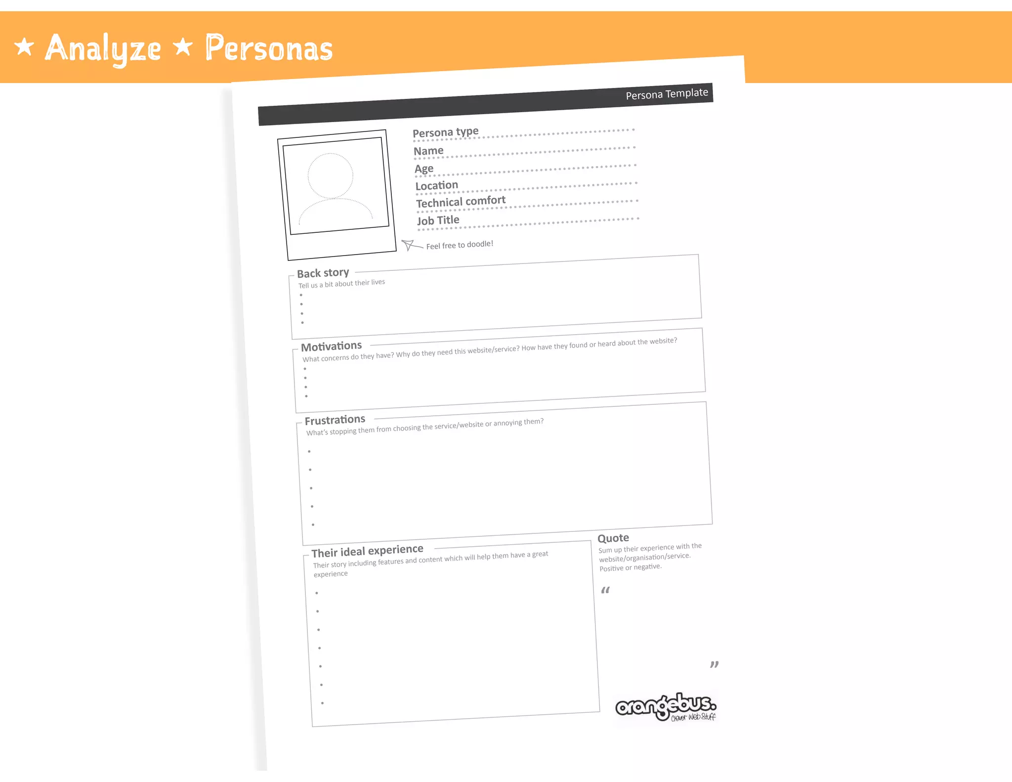 1 Analyze 1 Personas
Name
Persona type
Age
Technical comfort
Job Title
Back story
Their ideal experience
Feel free to doodle!
Persona Template
Quote
“
_”
Tell us a bit about their lives
What concerns do they have? Why do they need this website/service? How have they found or heard about the website?
What’s stopping them from choosing the service/website or annoying them?
Their story including features and content which will help them have a great
experience
Sum up their experience with the
 