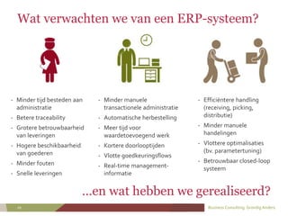 Business Consulting. Grondig Anders.19
Wat verwachten we van een ERP-systeem?
- Minder tijd besteden aan
administratie
- B...