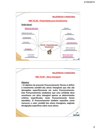 21/04/2014
8
NBC TG 28 – Propriedade para Investimento
RELATÓRIOS E PARECERES
Visão Geral:
NBC TG 04 – Ativo Intangível
RELATÓRIOS E PARECERES
Objetivo
O objetivo do presente Pronunciamento Técnico é definir
o tratamento contábil dos ativos intangíveis que não são
abrangidos especificamente em outro Pronunciamento.
Este Pronunciamento estabelece que uma entidade deve
reconhecer um ativo intangível apenas se determinados
critérios especificados neste Pronunciamento forem
atendidos. O Pronunciamento também especifica como
mensurar o valor contábil dos ativos intangíveis, exigindo
divulgações específicas sobre esses ativos.
 
