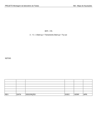 PROJETO Montagem de laboratório de Testes MA - Mapa de Aquisições
RFP - 175
3 . 1 3 . 3 Start-up > Treinamento Start-up > Try out
NOTAS:
REV. DATA DESCRIÇÃO EXEC. VERIF. APR.
 