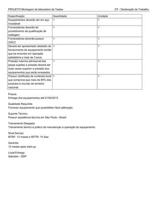 PROJETO Montagem de laboratório de Testes DT - Declaração de Trabalho
Especificação Quantidade Unidade
Equipamentos deverão ser em aço
inoxidável
1 1
Fornecedores deverão ter
procedimento de qualificação de
soldagem
1 1
Fornecedores deverão possuir
CRCC
1 1
Deverá ser apresentado atestado de
fornecimento de equipamento similar
que se encontre em operação
satisfatória a mais de 3 anos
1 1
Pressão máxima admissível das
peças sujeitas a pressão deverá ser
duas vezes superior a pressão dos
equipamentos que serão ensaiados
1 1
Possuir certificado de conteúdo local
que comprove que mais de 85% dos
produtos é oriundo de território
nacional.
1 1
Prazos
Entrega dos equipamentos até 01/04/2015
Qualidade Requirida
Fornecer equipamento que possibilitem fácil calibração
Suporte Técnico
Possuir assistência técnica em São Paulo - Brasil
Treinamento Desejado
Treinamento teórico e prático de manutenção e operação do equipamento
Nivel Serviço
MTBF: 12 meses e MTTR: 15 dias
Garantia
12 meses após start-up
Local Entrega
Salvador - DDP
 