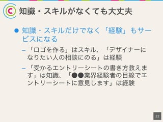 知識・スキルがなくても大丈夫
l  知識・スキルだけでなく「経験」もサー
ビスになる
– 「ロゴを作る」はスキル、「デザイナーに
なりたい人の相談にのる」は経験
– 「受かるエントリーシートの書き方教えま
す」は知識、「●●業界経験者の目線でエ
ントリーシートに意見します」は経験
22
 