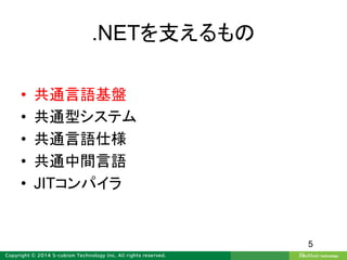.NETを支えるもの
• 共通言語基盤
• 共通型システム
• 共通言語仕様
• 共通中間言語
• JITコンパイラ
5
 