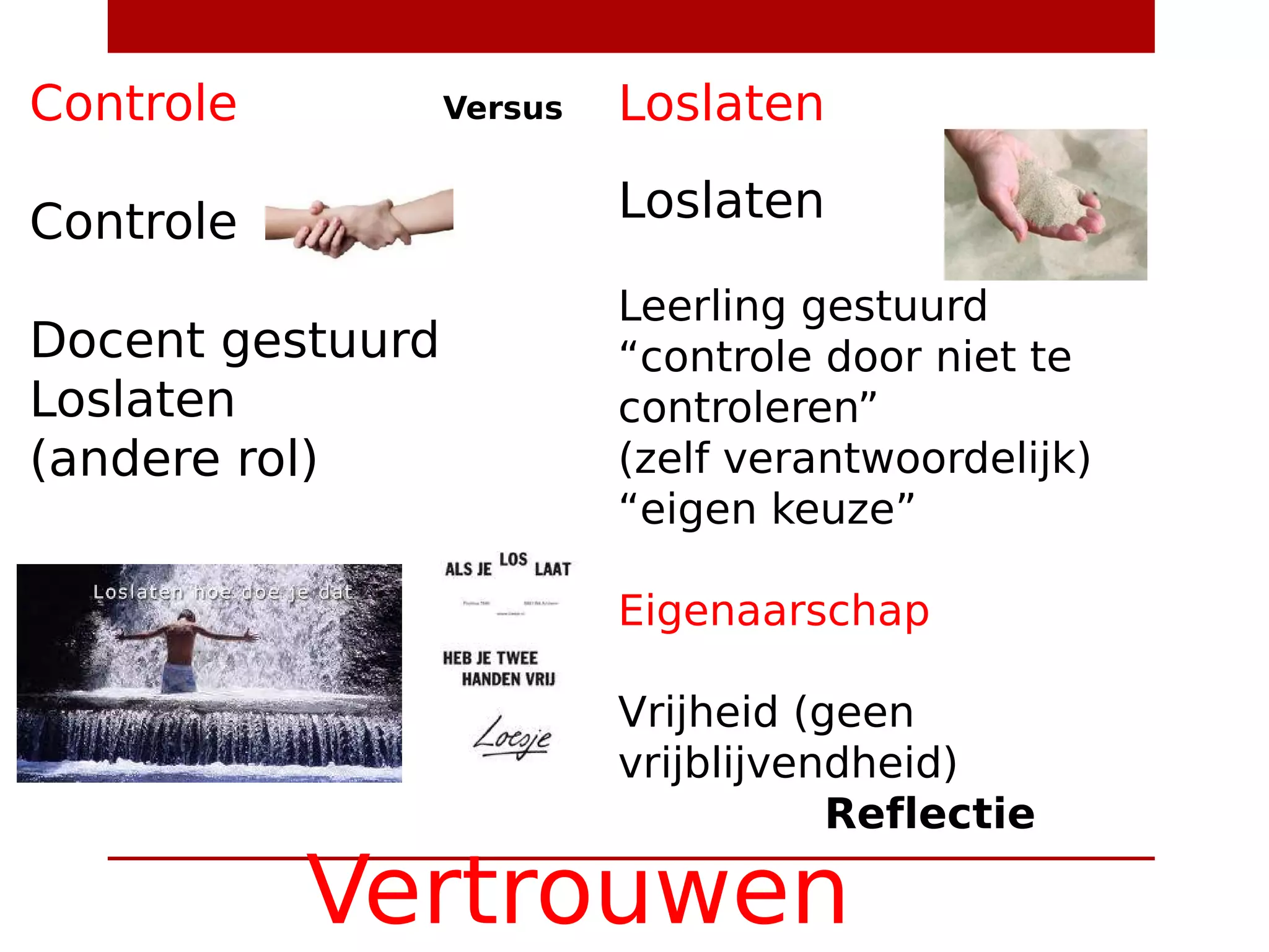 Vertrouwen
Loslaten
Loslaten
Leerling gestuurd
“controle door niet te
controleren”
(zelf verantwoordelijk)
“eigen keuze”
Eigenaarschap
Vrijheid (geen
vrijblijvendheid)
Reflectie
Controle
Controle
Docent gestuurd
Loslaten
(andere rol)
Versus
 