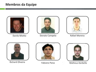 Membros da Equipe
Danilo Miotto Donato Campelo Rafael Moreira
Richard Oliveira Fabiano Paiva Matheus Darbello
 