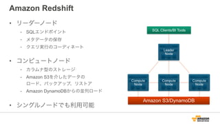 Amazon Redshift
10 GigE
(HPC)
Ingestion
Backup
Restore
SQL Clients/BI Tools
128GB RAM
16TB disk
16 cores
Amazon S3/DynamoDB
JDBC/ODBC
128GB RAM
16TB disk
16 coresCompute
Node
128GB RAM
16TB disk
16 coresCompute
Node
128GB RAM
16TB disk
16 coresCompute
Node
Leader 
Node
• リーダーノード
- SQLエンドポイント
- メタデータの保存
- クエリ実行のコーディネート
!
• コンピュートノード
- カラムナ型のストレージ
- Amazon S3を介したデータの 
ロード、バックアップ、リストア
- Amazon DynamoDBからの並列ロード
!
• シングルノードでも利用可能
 