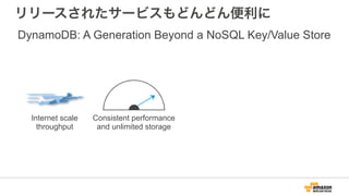 リリースされたサービスもどんどん便利に
Internet scale
throughput
Consistent performance
and unlimited storage
DynamoDB: A Generation Beyond a NoSQL Key/Value Store
 