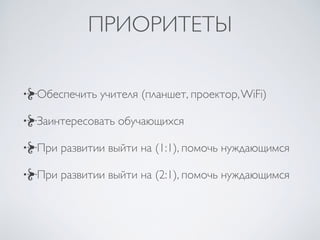 ПРИОРИТЕТЫ
Обеспечить учителя (планшет, проектор,WiFi)
Заинтересовать обучающихся
При развитии выйти на (1:1), помочь нужд...
