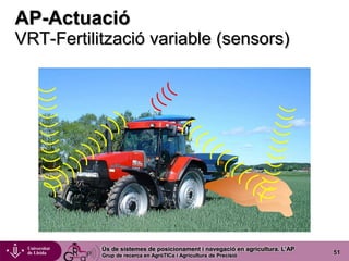 Ús de sistemes de posicionament i navegació en agricultura. L’AP
Grup de recerca en AgròTICa i Agricultura de Precisió
51
AP-Actuació
VRT-Fertilització variable (sensors)
 