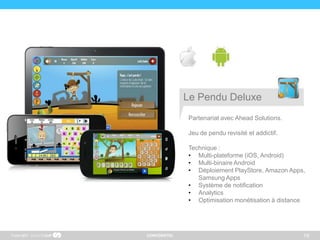 CONFIDENTIEL 19
Partenariat avec Ahead Solutions.
Jeu de pendu revisité et addictif.
Technique :
• Multi-plateforme (iOS, Android)
• Multi-binaire Android
• Déploiement PlayStore, Amazon Apps,
Samsung Apps
• Système de notification
• Analytics
• Optimisation monétisation à distance
Copyright
Le Pendu Deluxe
 