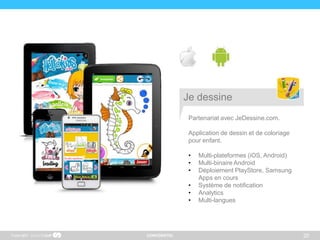 CONFIDENTIEL 20
Partenariat avec JeDessine.com.
Application de dessin et de coloriage
pour enfant.
• Multi-plateformes (iOS, Android)
• Multi-binaire Android
• Déploiement PlayStore, Samsung
Apps en cours
• Système de notification
• Analytics
• Multi-langues
Copyright
Je dessine
 