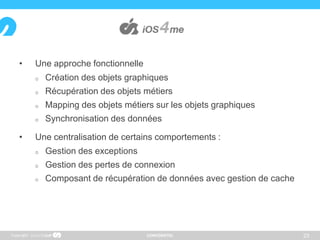 CONFIDENTIEL
• Une approche fonctionnelle
 Création des objets graphiques
 Récupération des objets métiers
 Mapping des objets métiers sur les objets graphiques
 Synchronisation des données
• Une centralisation de certains comportements :
 Gestion des exceptions
 Gestion des pertes de connexion
 Composant de récupération de données avec gestion de cache
23Copyright
 