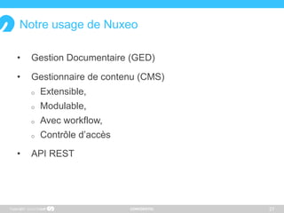 CONFIDENTIEL
Notre usage de Nuxeo
• Gestion Documentaire (GED)
• Gestionnaire de contenu (CMS)
 Extensible,
 Modulable,
 Avec workflow,
 Contrôle d’accès
• API REST
27Copyright
 
