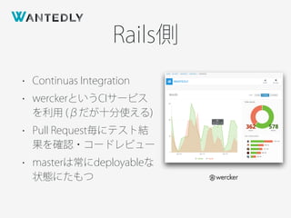 Rails側
• Continuas Integration
• werckerというCIサービス
を利用 (βだが十分使える)
• Pull Request毎にテスト結
果を確認・コードレビュー
• masterは常にdeployableな
状態にたもつ
 
