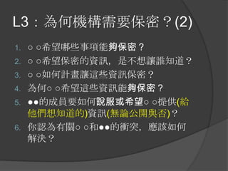 L3：為何機構需要保密？(2)
1. ○ ○希望哪些事項能夠保密？
2. ○ ○希望保密的資訊，是不想讓誰知道？
3. ○ ○如何計畫讓這些資訊保密？
4. 為何○ ○希望這些資訊能夠保密？
5. ●●的成員要如何說服或希望○ ○提供(給
他們想知道的)資訊(無論公開與否)？
6. 你認為有關○ ○和●●的衝突，應該如何
解決？
 